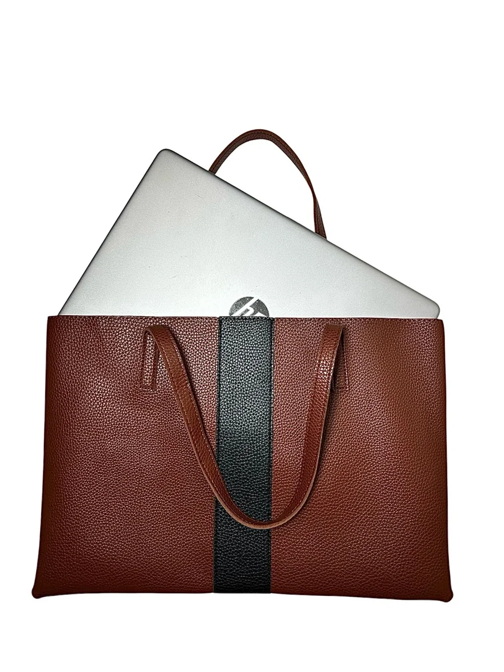 Vince Camuto Faux Pebble‎ leather Brown Black Laptop Tote Bag Minimalist Work